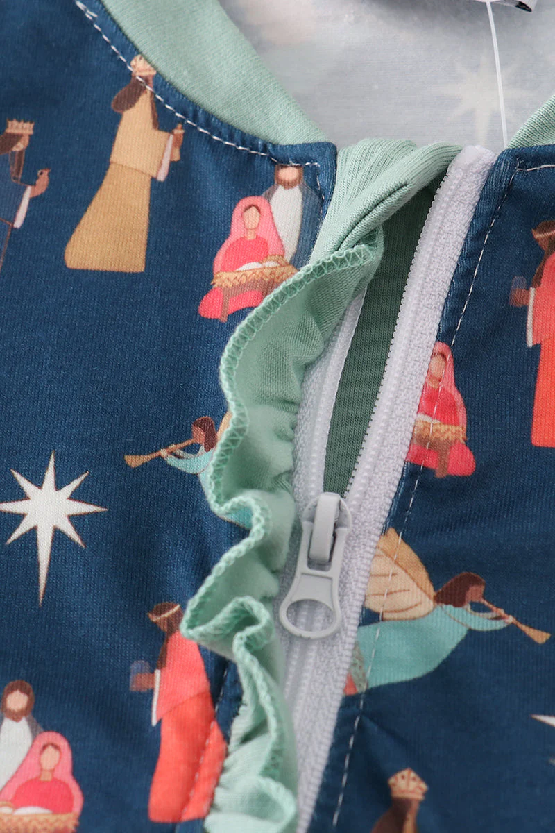 Navy nativity print ruffle romper - Image 3