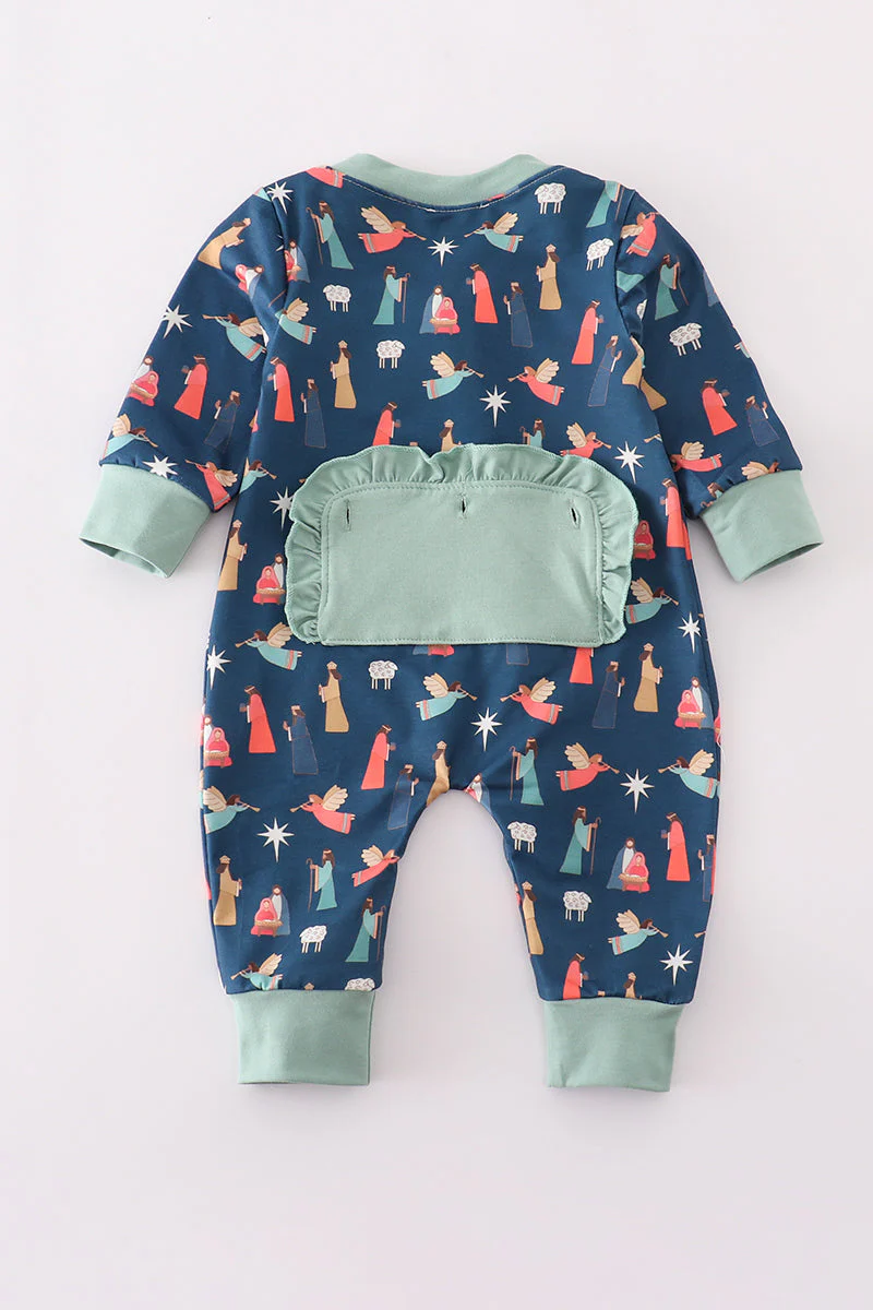 Navy nativity print ruffle romper - Image 4