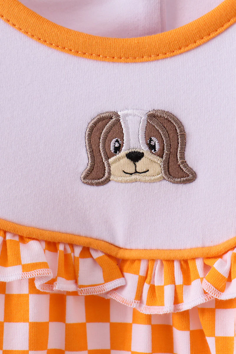 Orange Tennessee puppy bow embroidery checkered ruffle pants set - Image 3