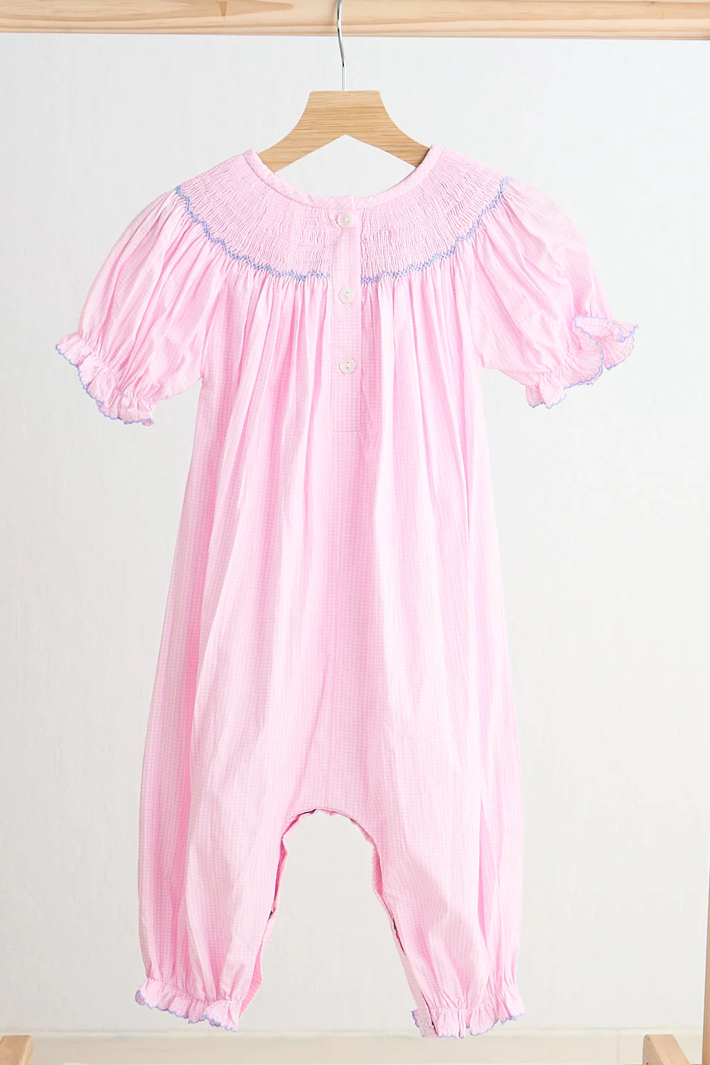Pink alpaca hand smocked gingham girl romper - Image 4