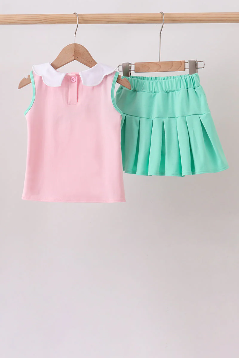 Pink apple bow embroidery skorts set - Image 2
