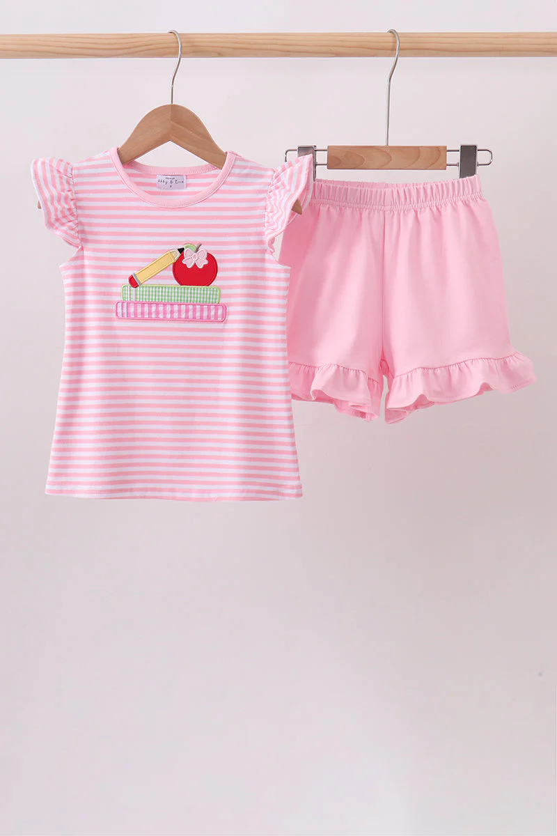 Pink Apple Pencil Embroidery Short Set