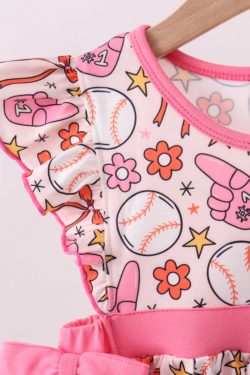 Pink baseball print ruffle shorts set - Image 4