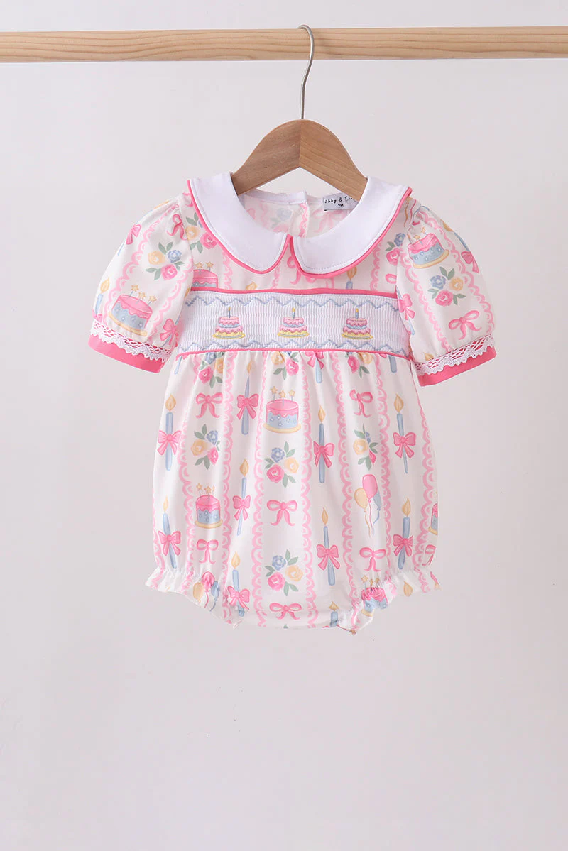 Pink birthday cake smocked bubble