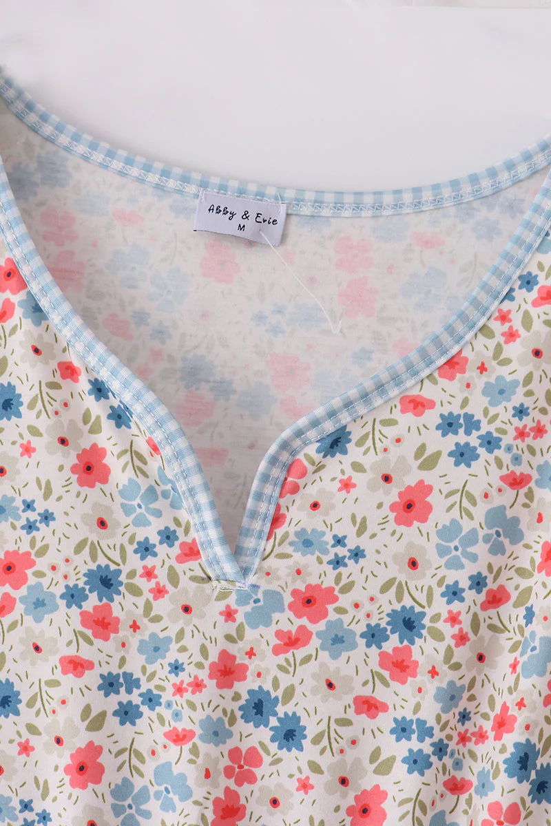 Pink&blue floral print women dress - Image 4