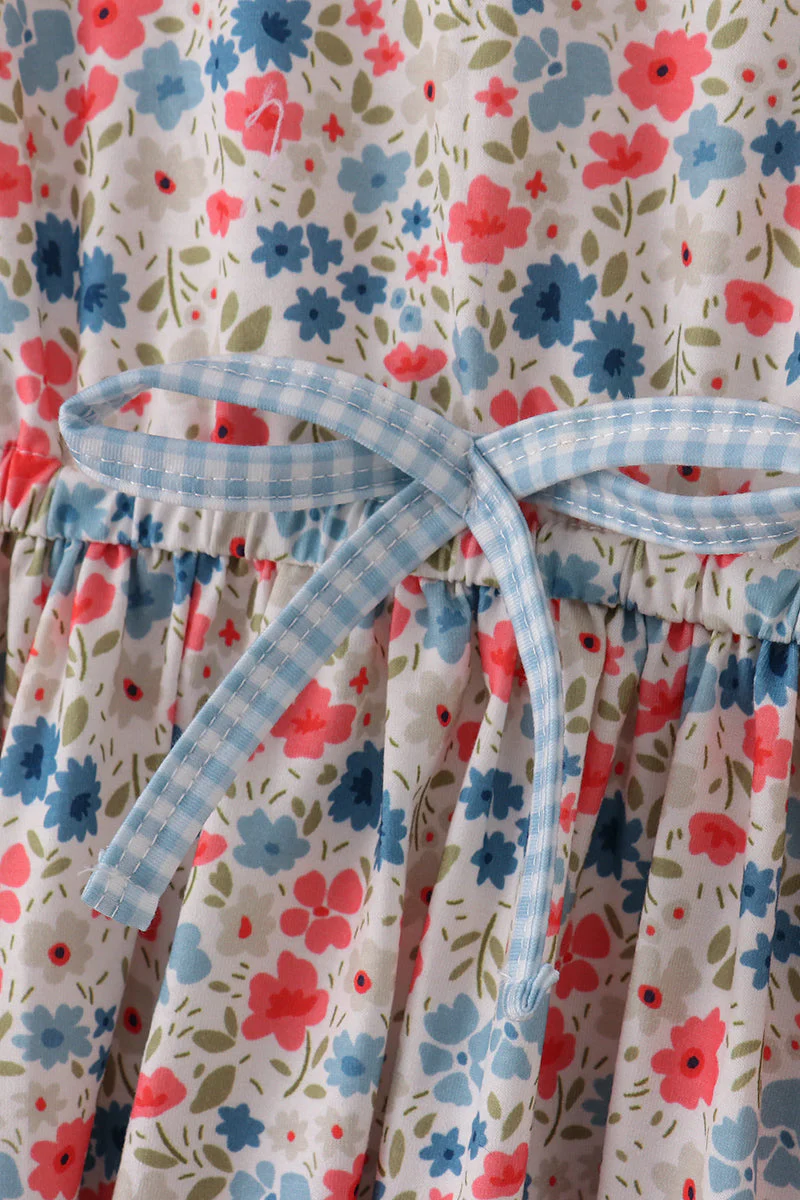 Pink&blue floral print women dress - Image 5