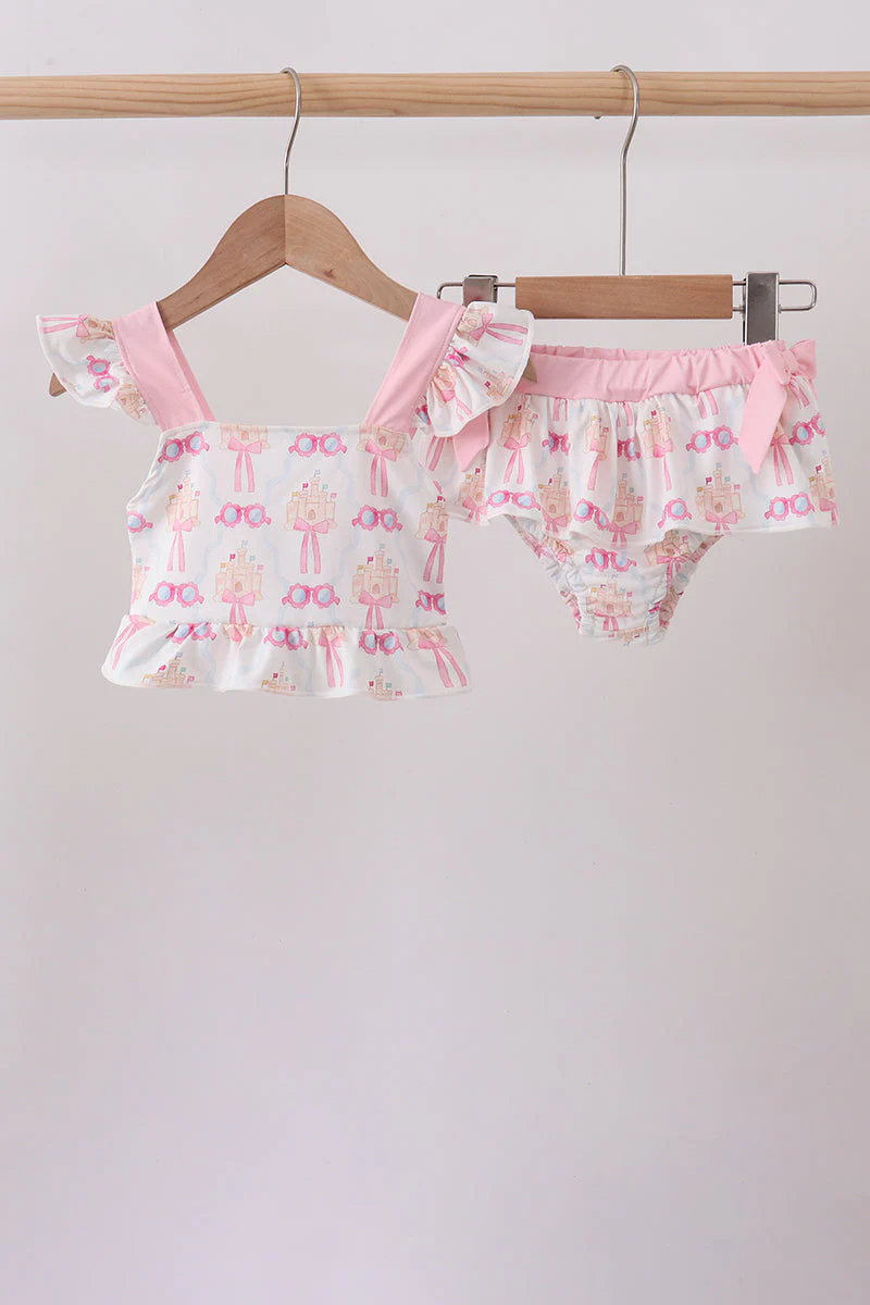 Pink bow castle ruffle 2pc swimsuit