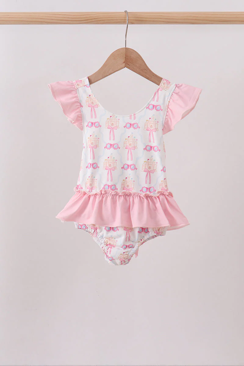 Pink bow castle ruffle one-piece swimsuit