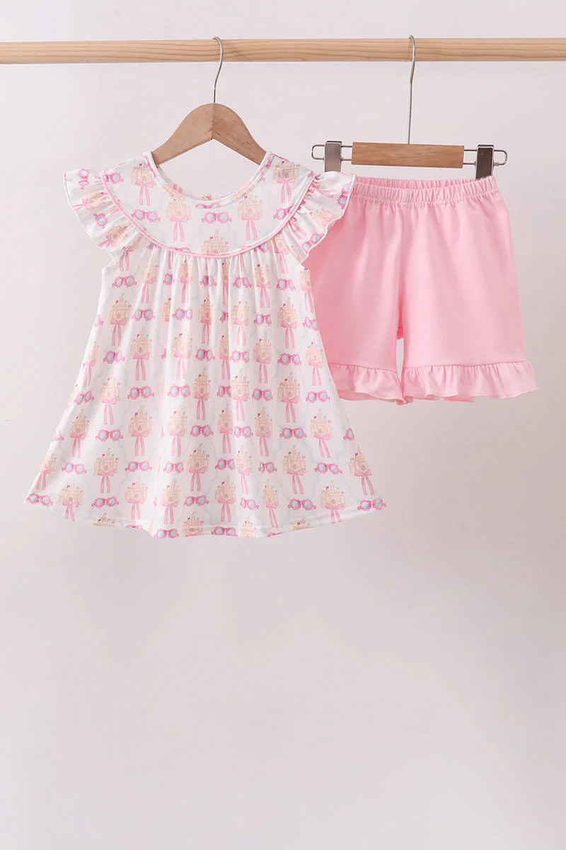 Pink bow castle ruffle shorts set