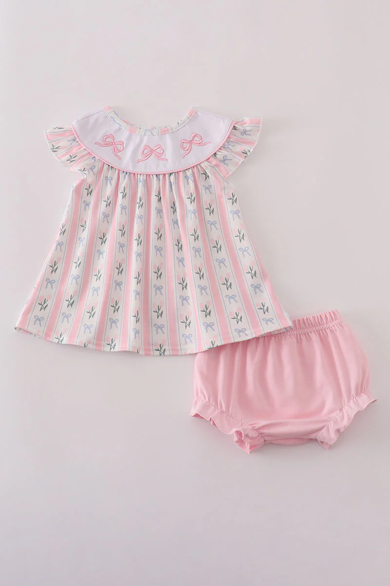 Pink Bow Embroidered Bow Bloomer Set