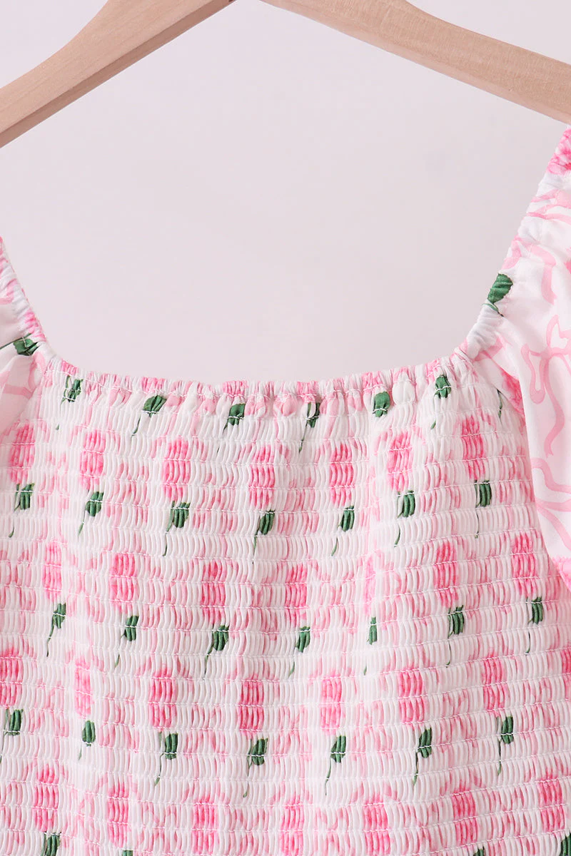 Pink bow hydrangea smocked women dress - Image 2
