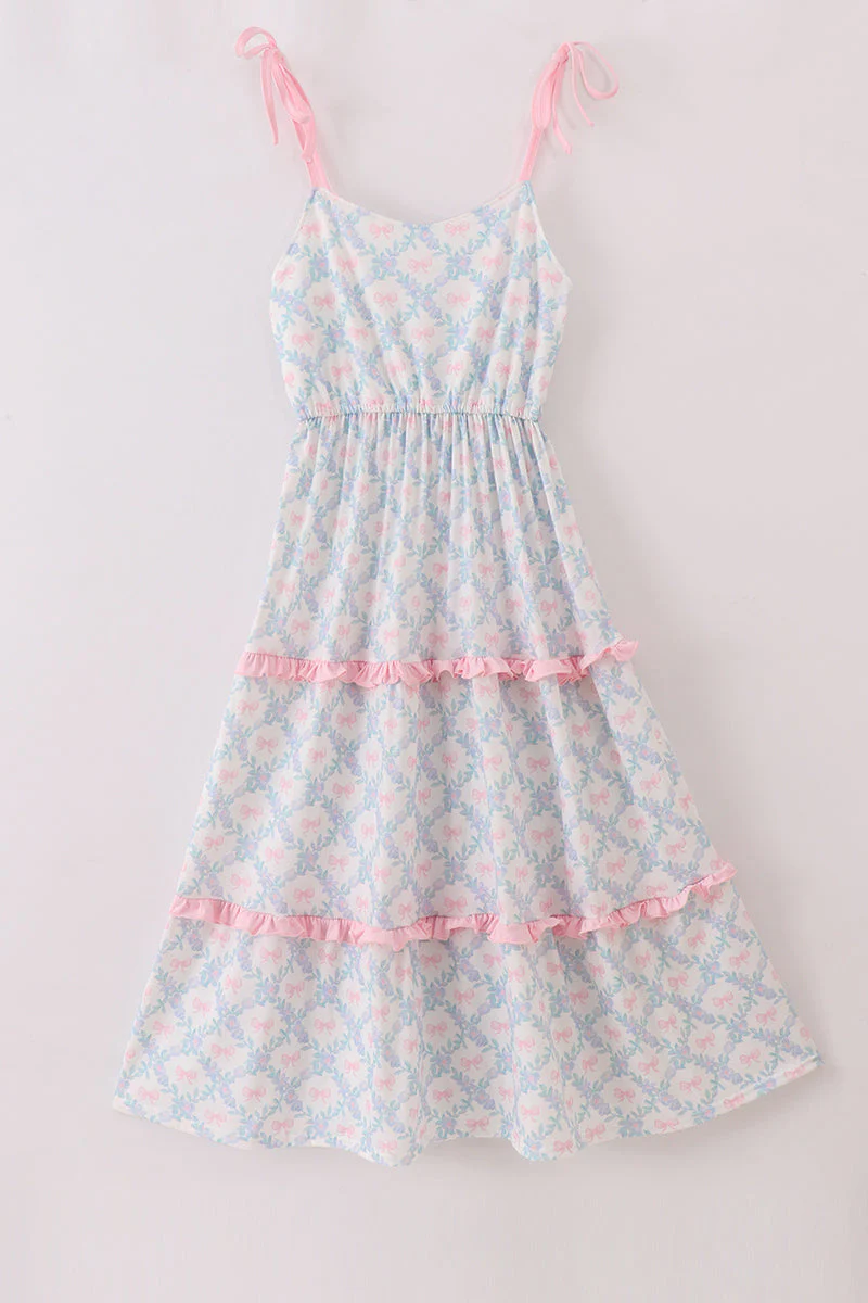 Pink bow print ruffle mom dress