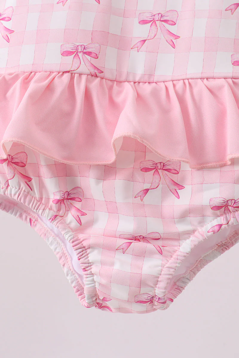 Pink bow print ruffle one-piece swimsuit - Image 3