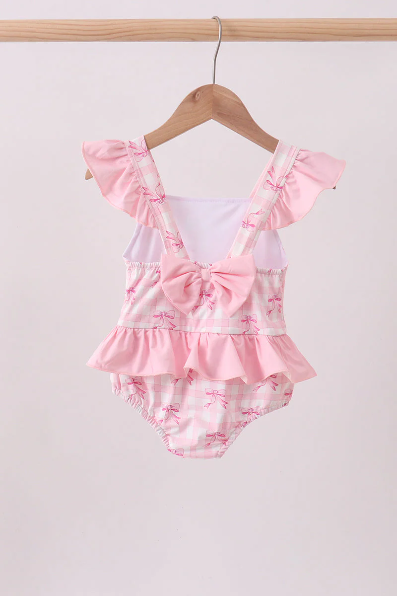 Pink bow print ruffle one-piece swimsuit - Image 4