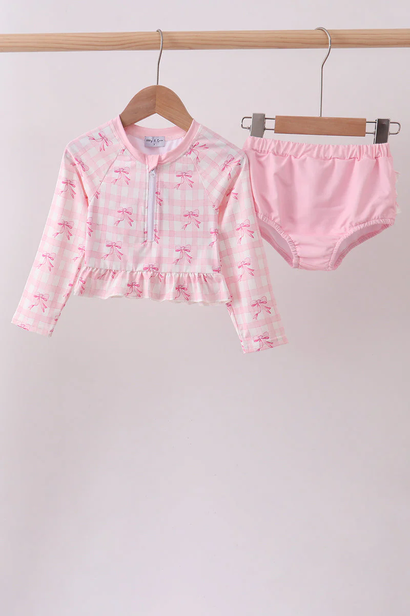 Pink bow print ruffle zipper 2pc swimsuit
