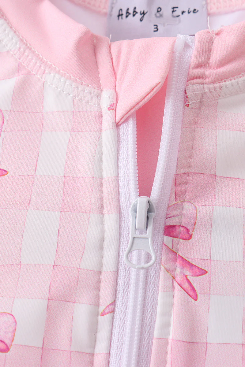 Pink bow print ruffle zipper 2pc swimsuit - Image 3