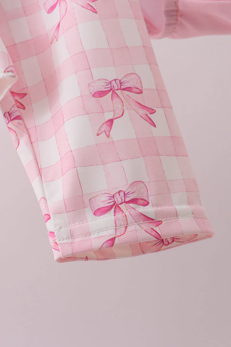 Pink bow print ruffle zipper 2pc swimsuit - Image 4