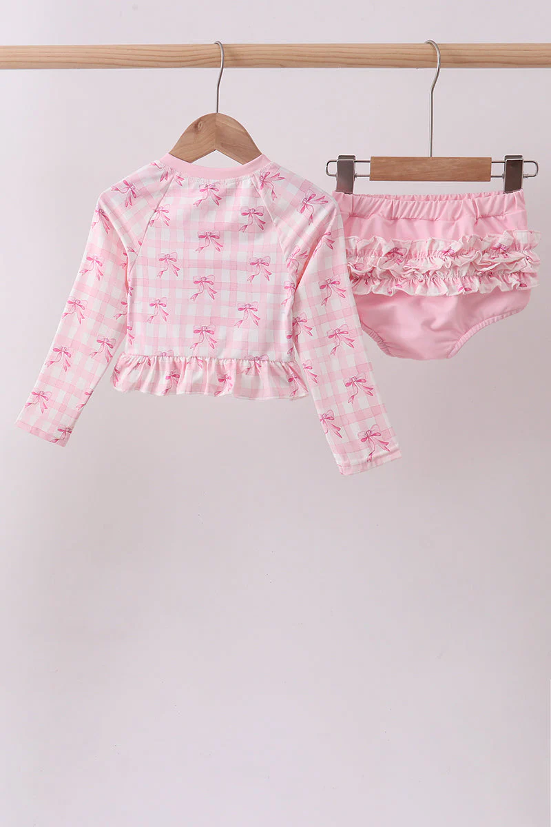 Pink bow print ruffle zipper 2pc swimsuit - Image 5