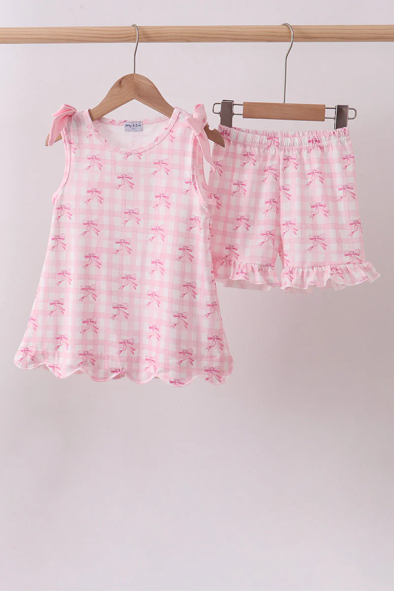 Pink bow print scalloped ruffle shorts set