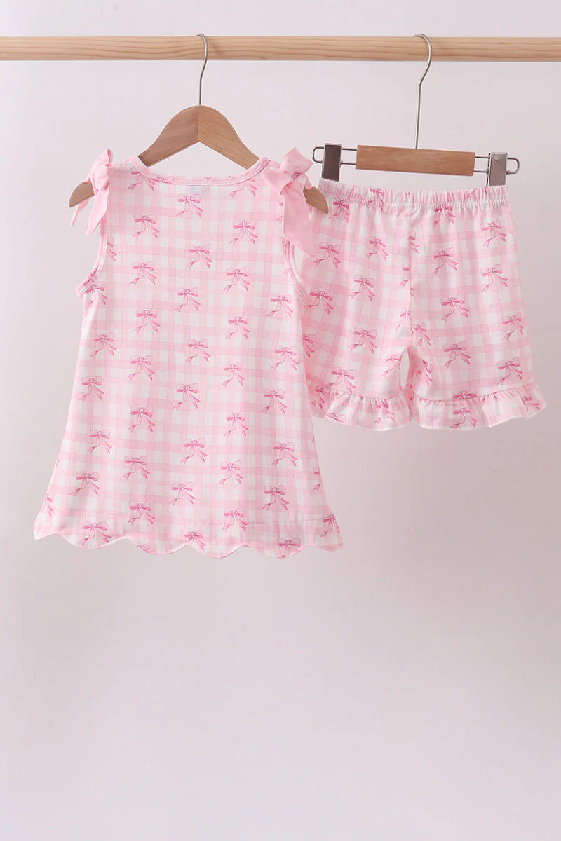 Pink bow print scalloped ruffle shorts set - Image 5