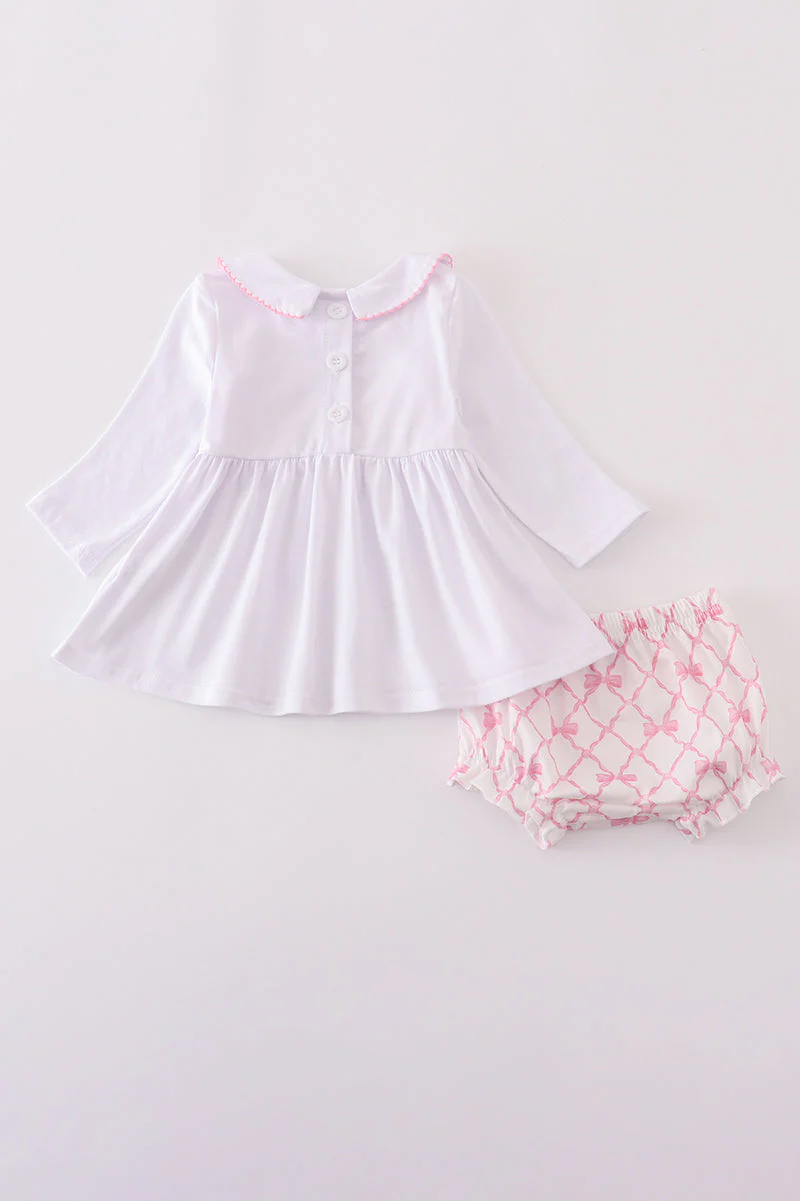 Pink bow smocked bloomer set - Image 3