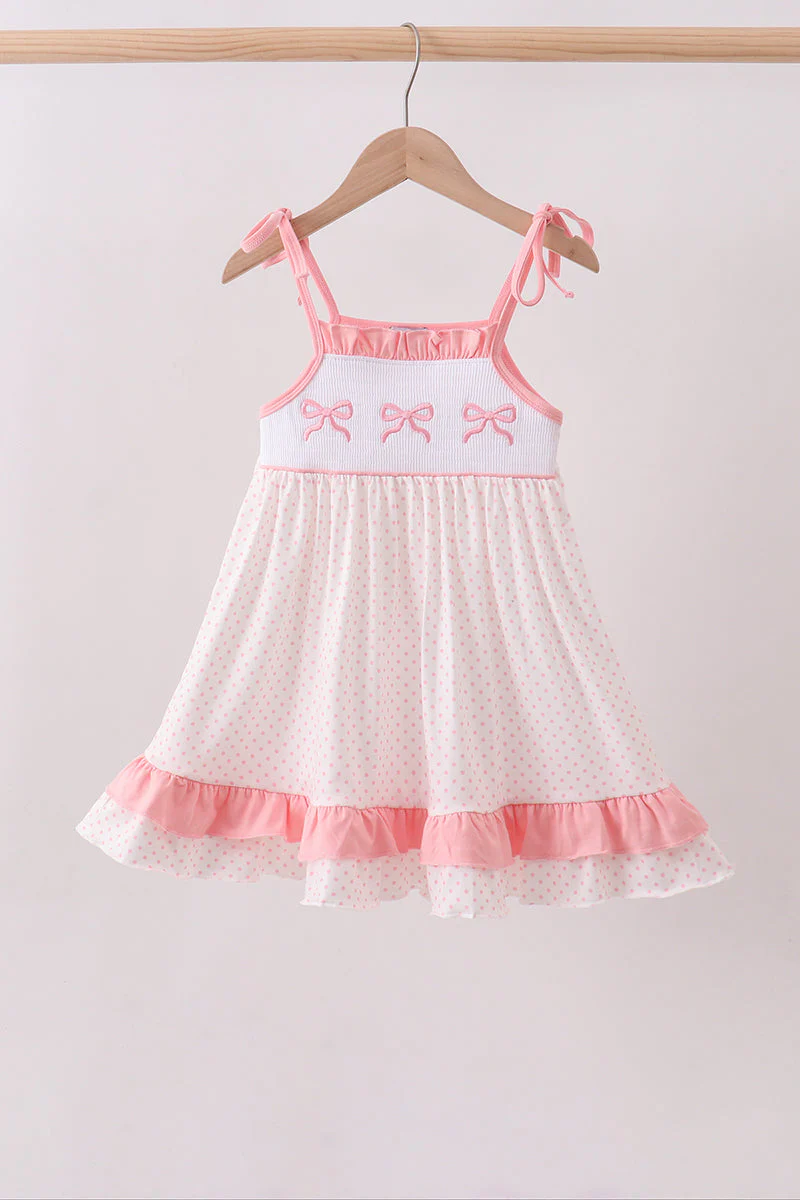 Pink bow smocked dot ruffle dress