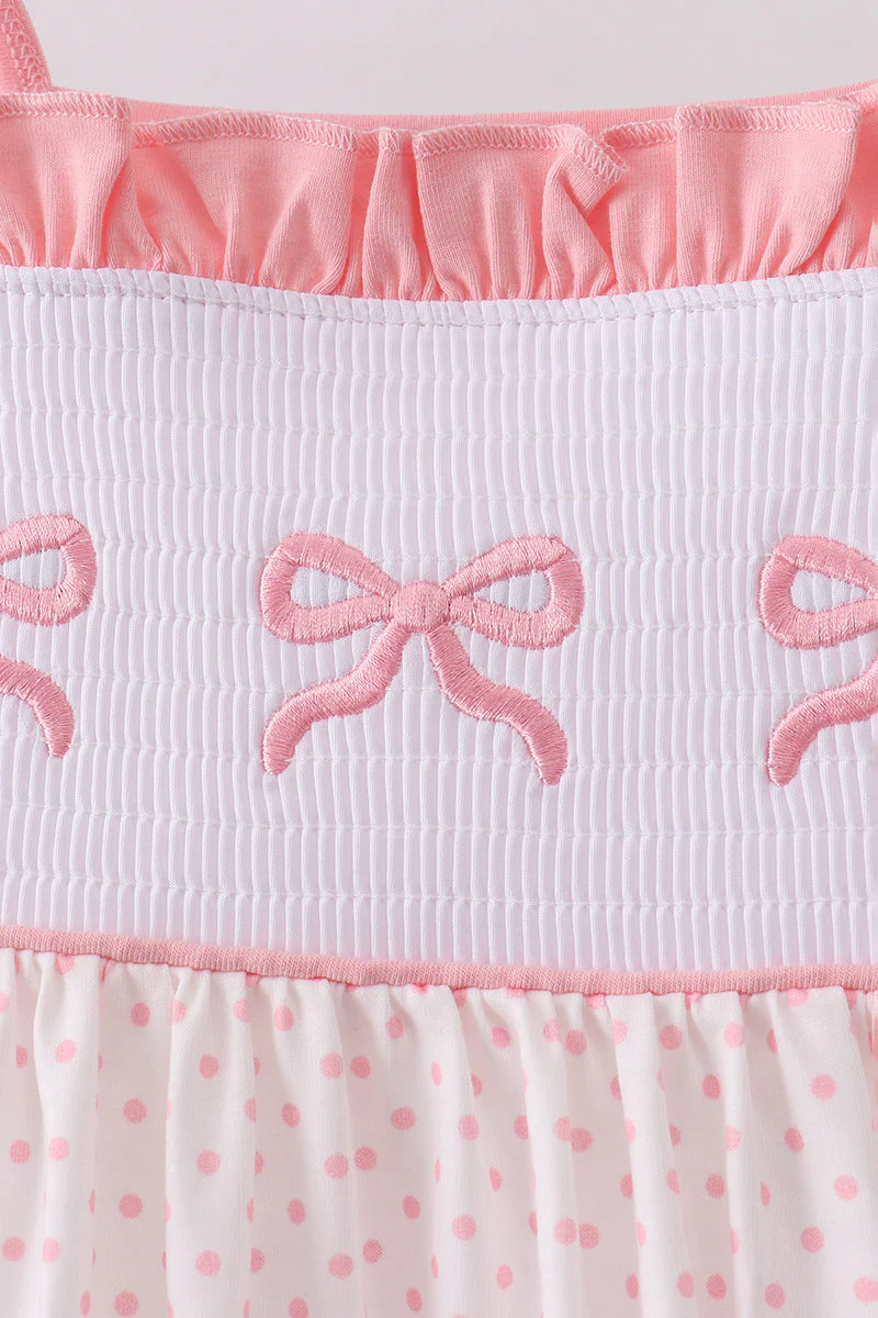 Pink bow smocked dot ruffle dress - Image 2