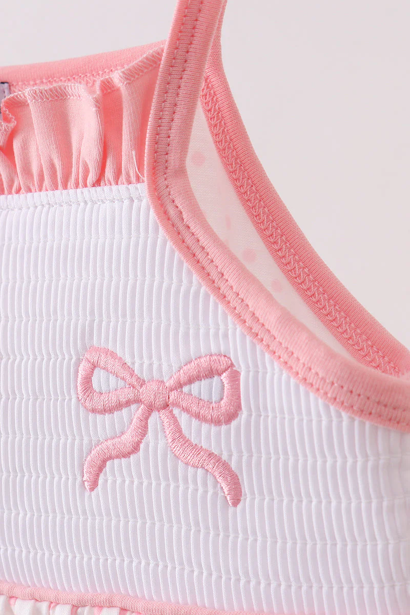 Pink bow smocked dot ruffle dress - Image 4