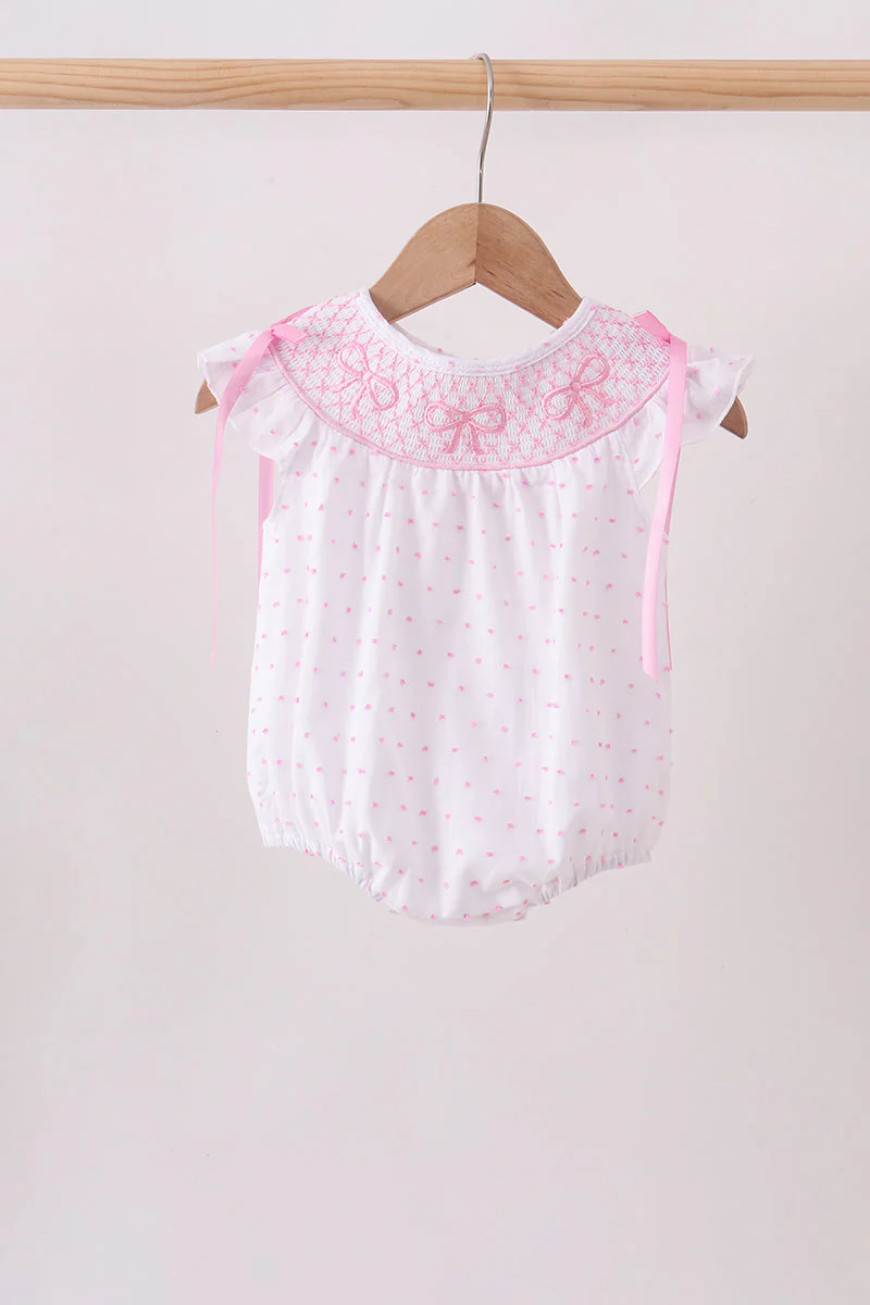 Pink Bow Smocked Swiss Dot Bubble