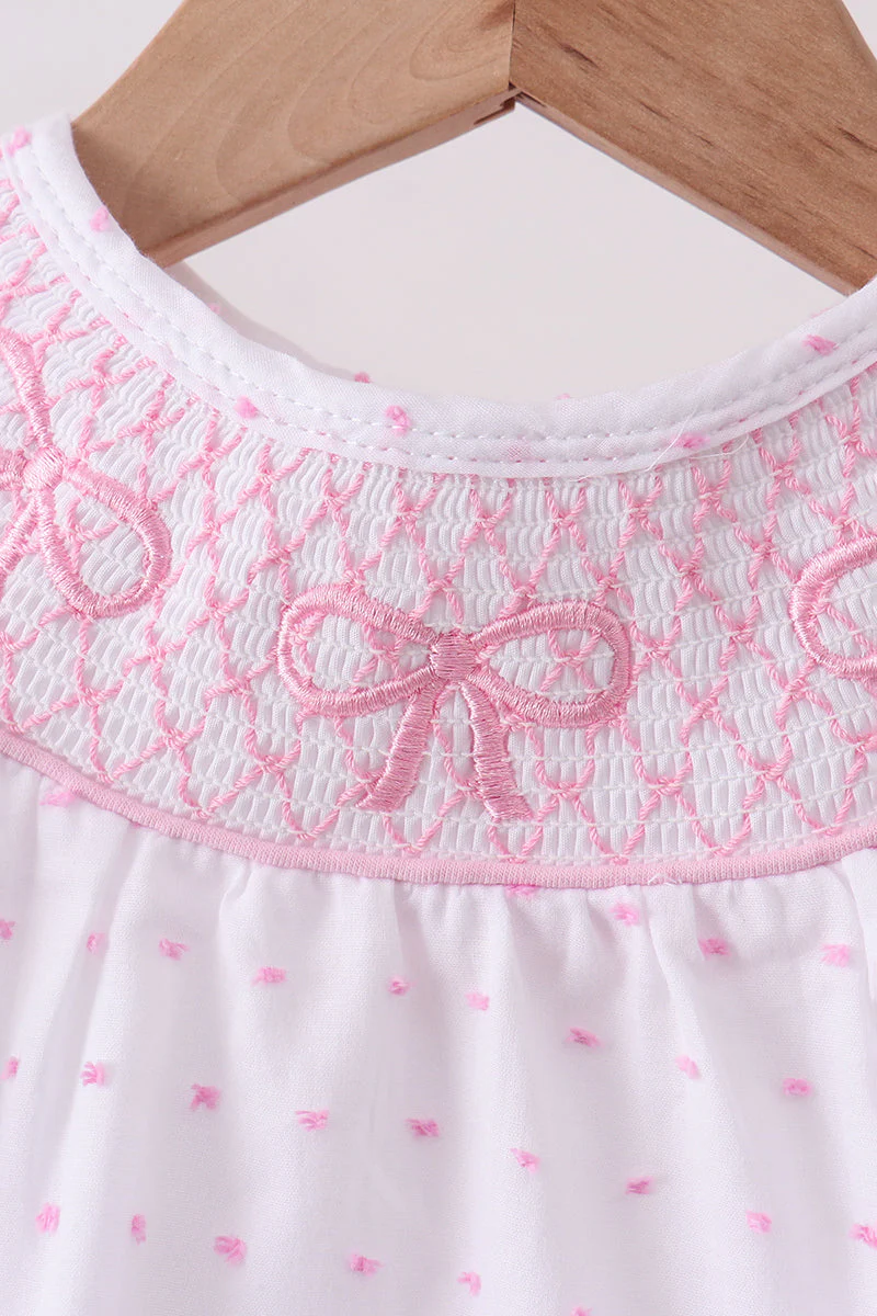 Pink Bow Smocked Swiss Dot Bubble - Image 2