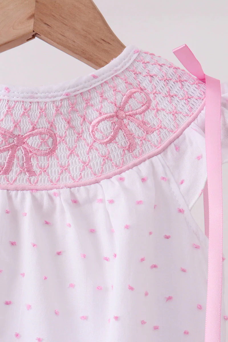 Pink Bow Smocked Swiss Dot Bubble - Image 4