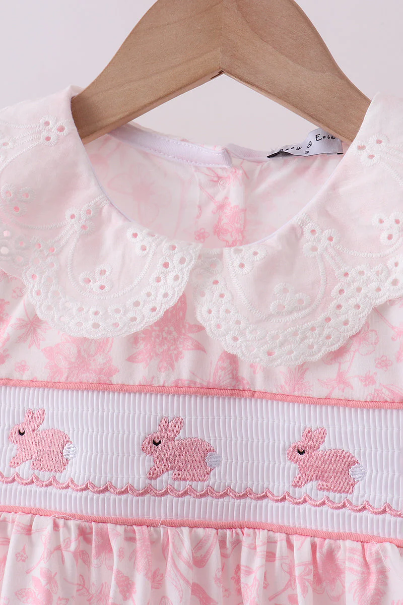 Pink bunny smocked lace collar shorts set - Image 2