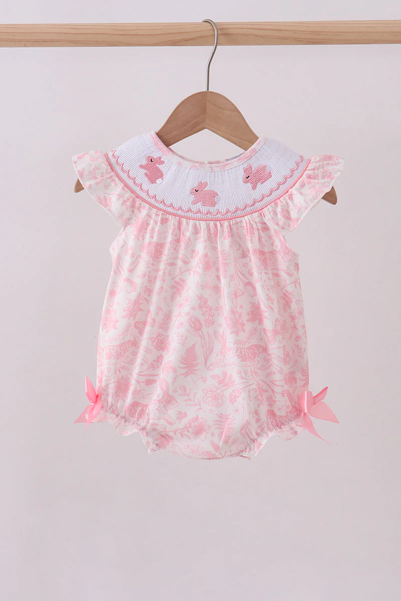 Pink bunny smocked ruffle bow bubble