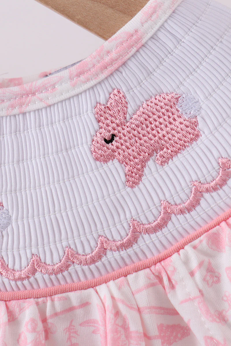 Pink bunny smocked ruffle bow bubble - Image 2