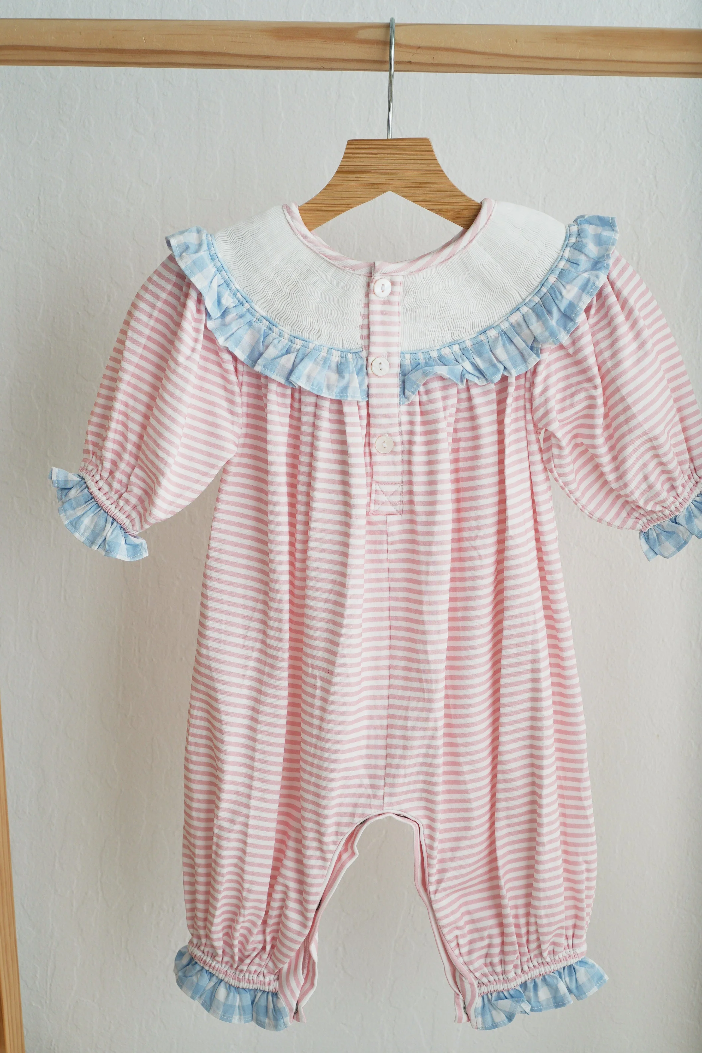 Pink candy cane bow hand smocked ruffle romper - Image 3