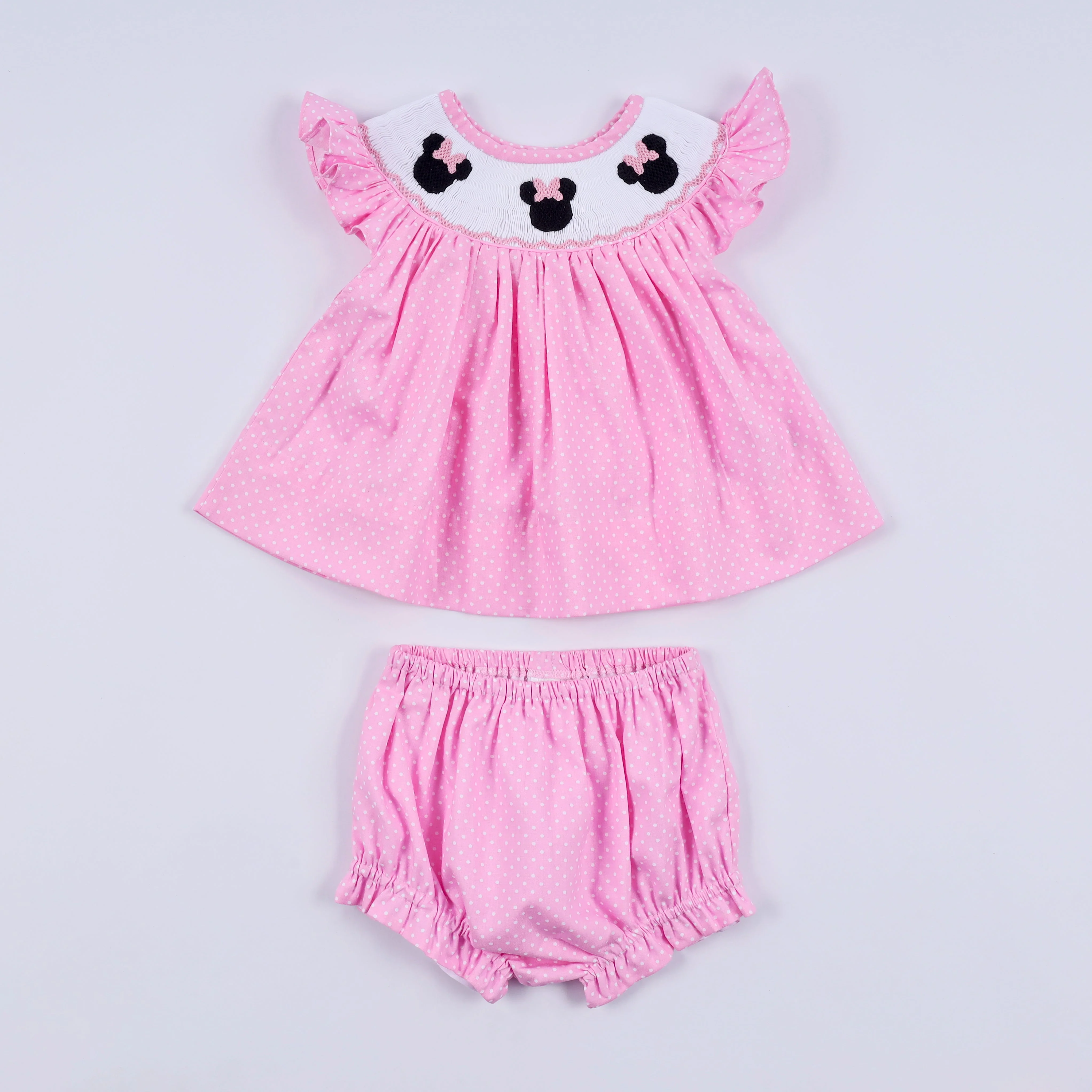 Pink character hand smocked dot ruffle bloomer set