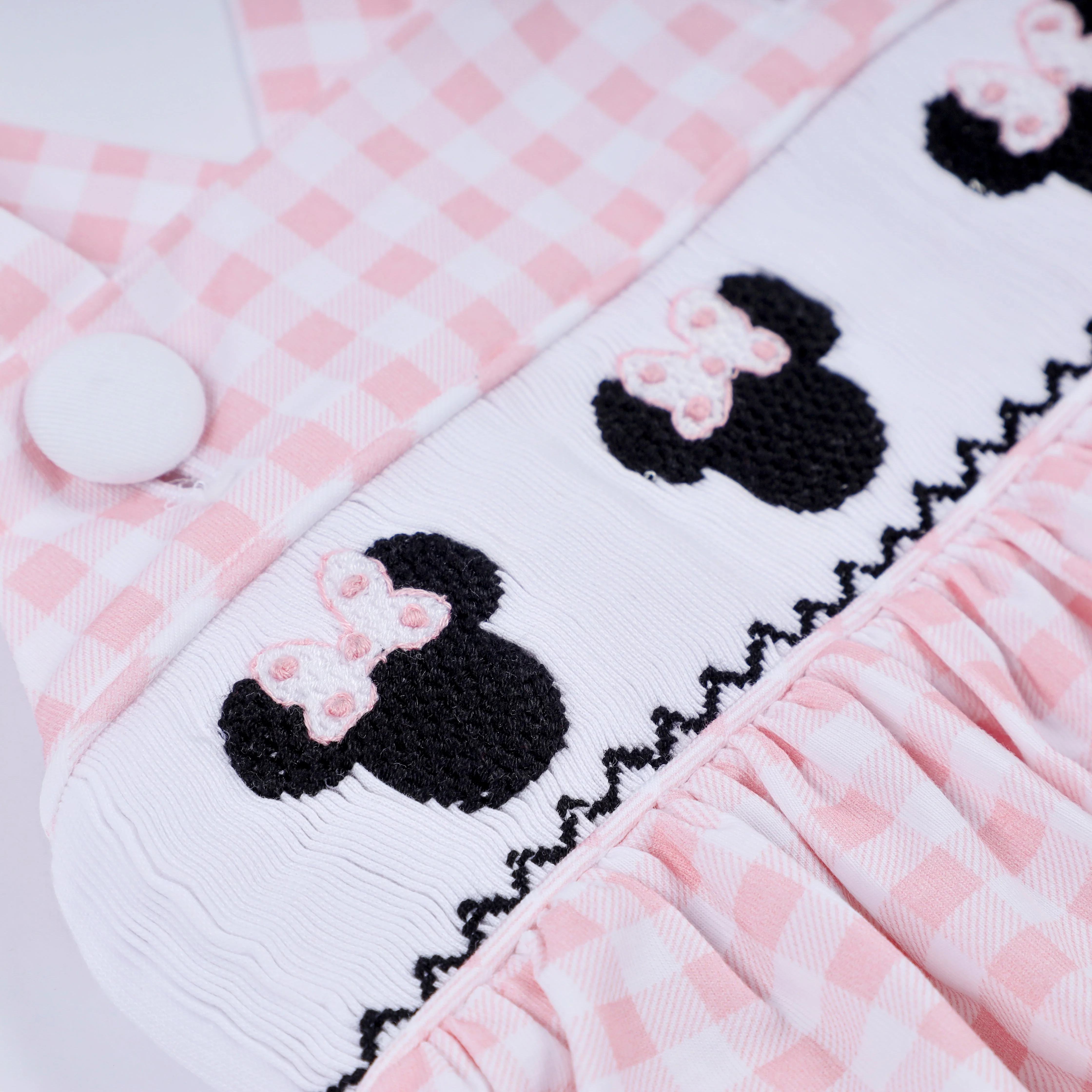 Pink character hand smocked gingham ruffle bubble - Image 3