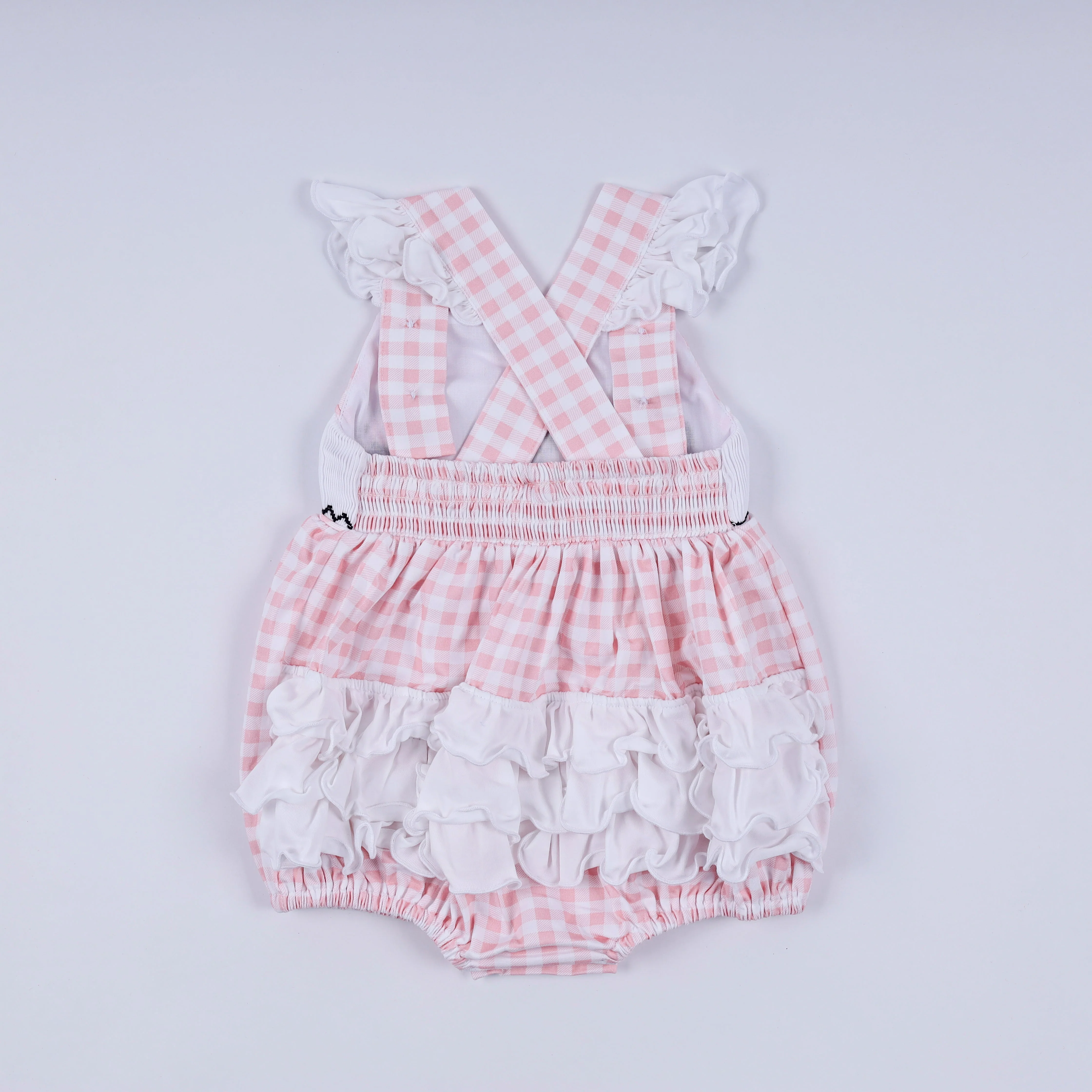 Pink character hand smocked gingham ruffle bubble - Image 7