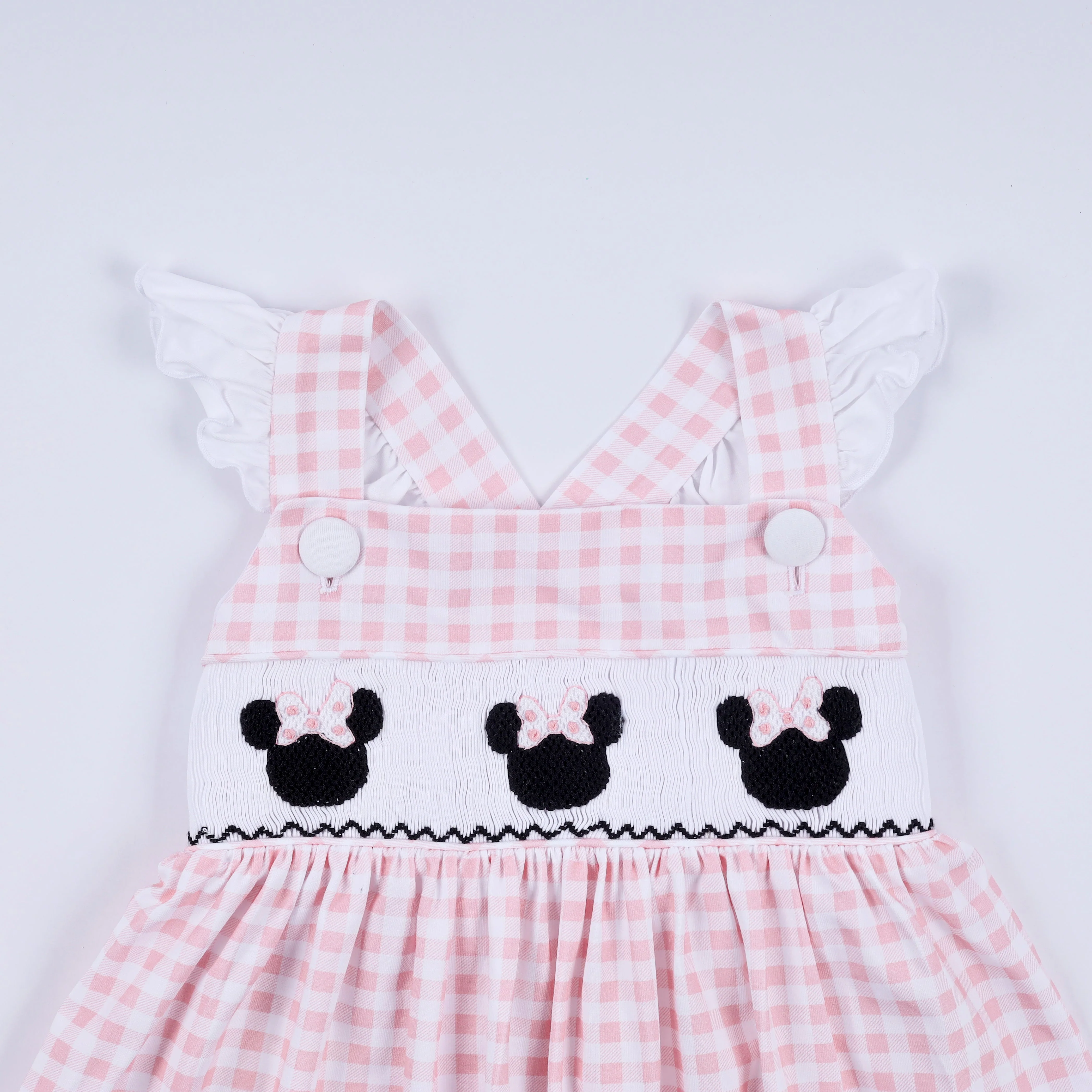 Pink character hand smocked gingham ruffle dress - Image 2