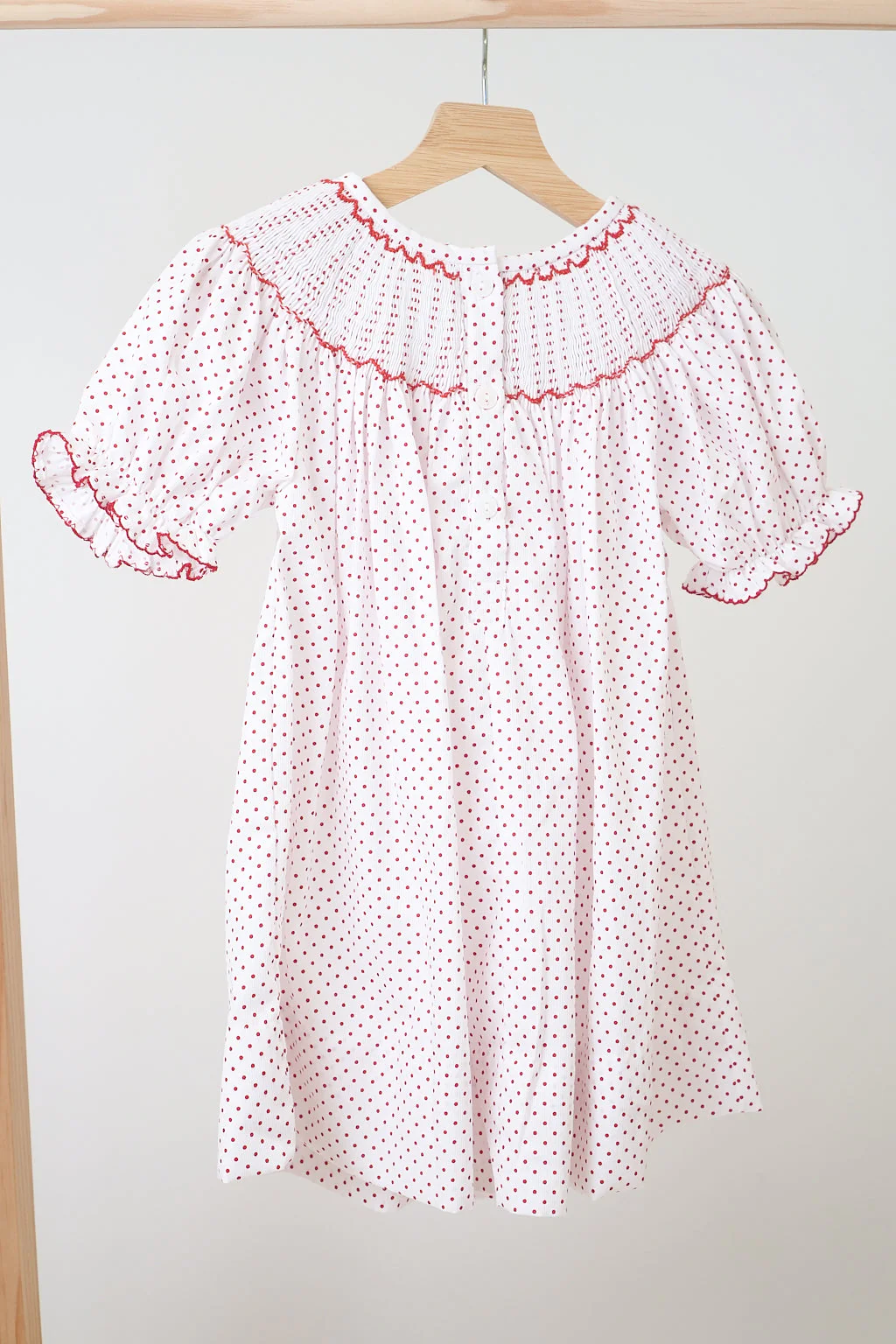 Pink christmas bishop hand smocked dot dress - Image 3