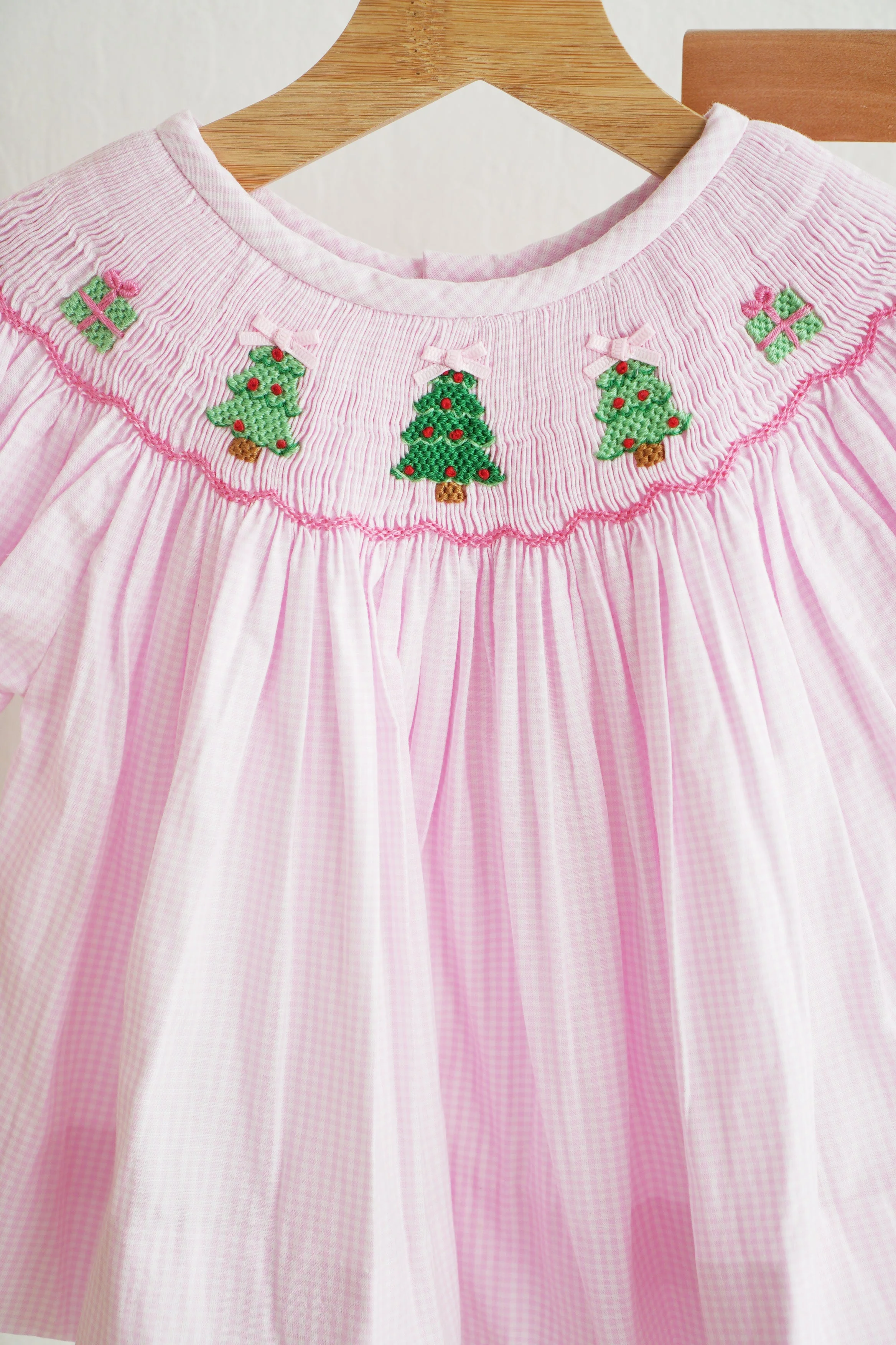 Pink christmas tree hand smocked bloomer set - Image 3