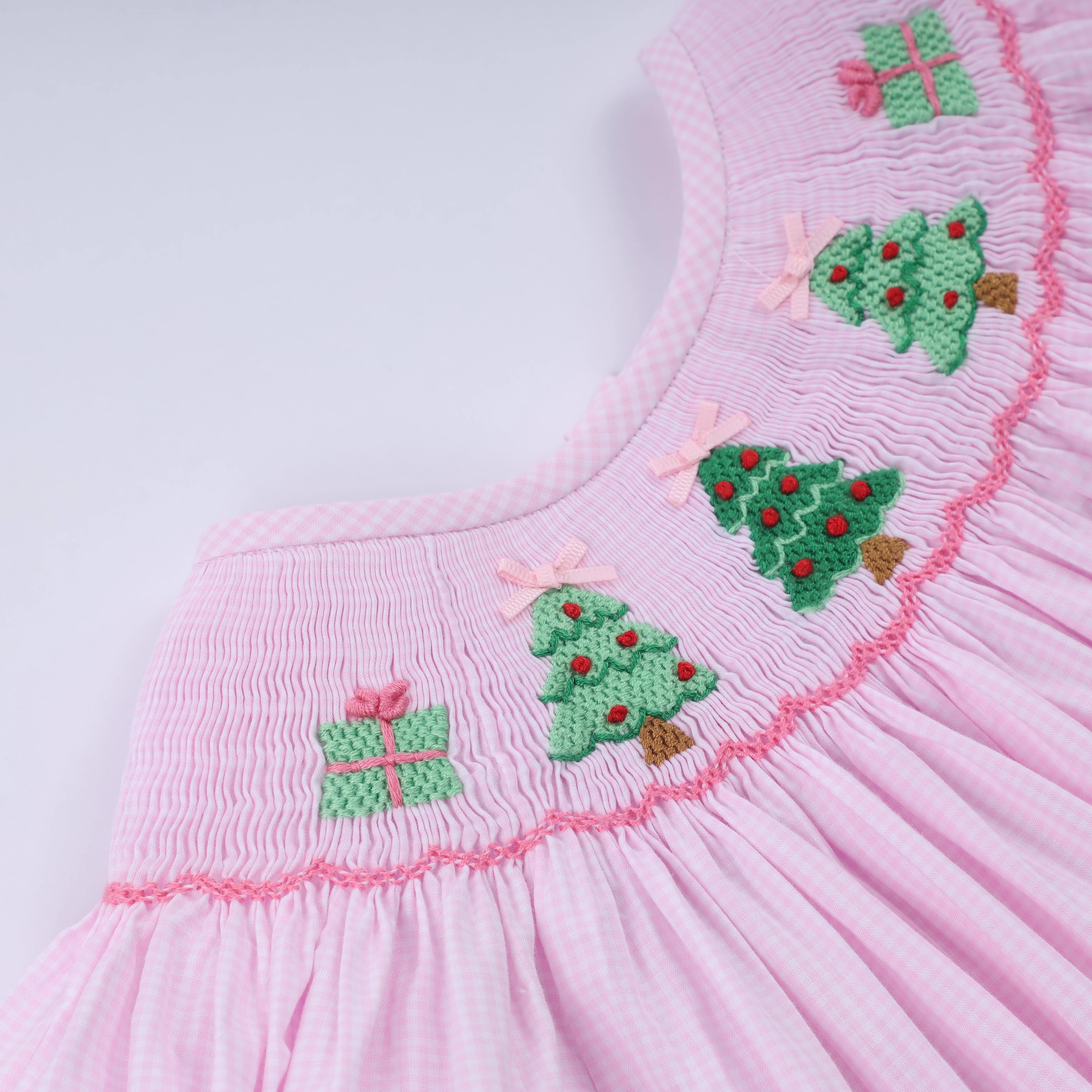 Pink christmas tree hand smocked dress - Image 4
