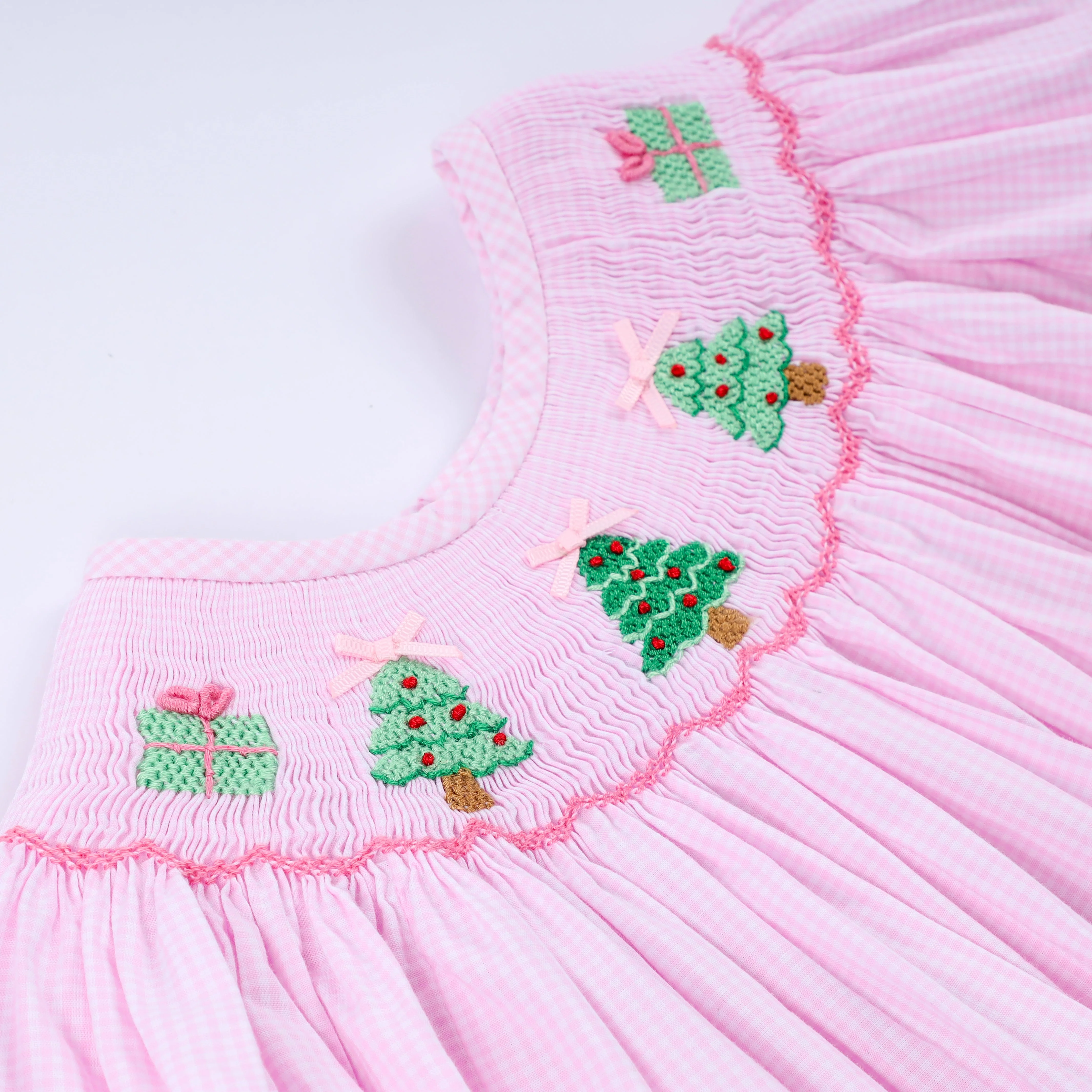 Pink christmas tree hand smocked ruffle pants set - Image 3
