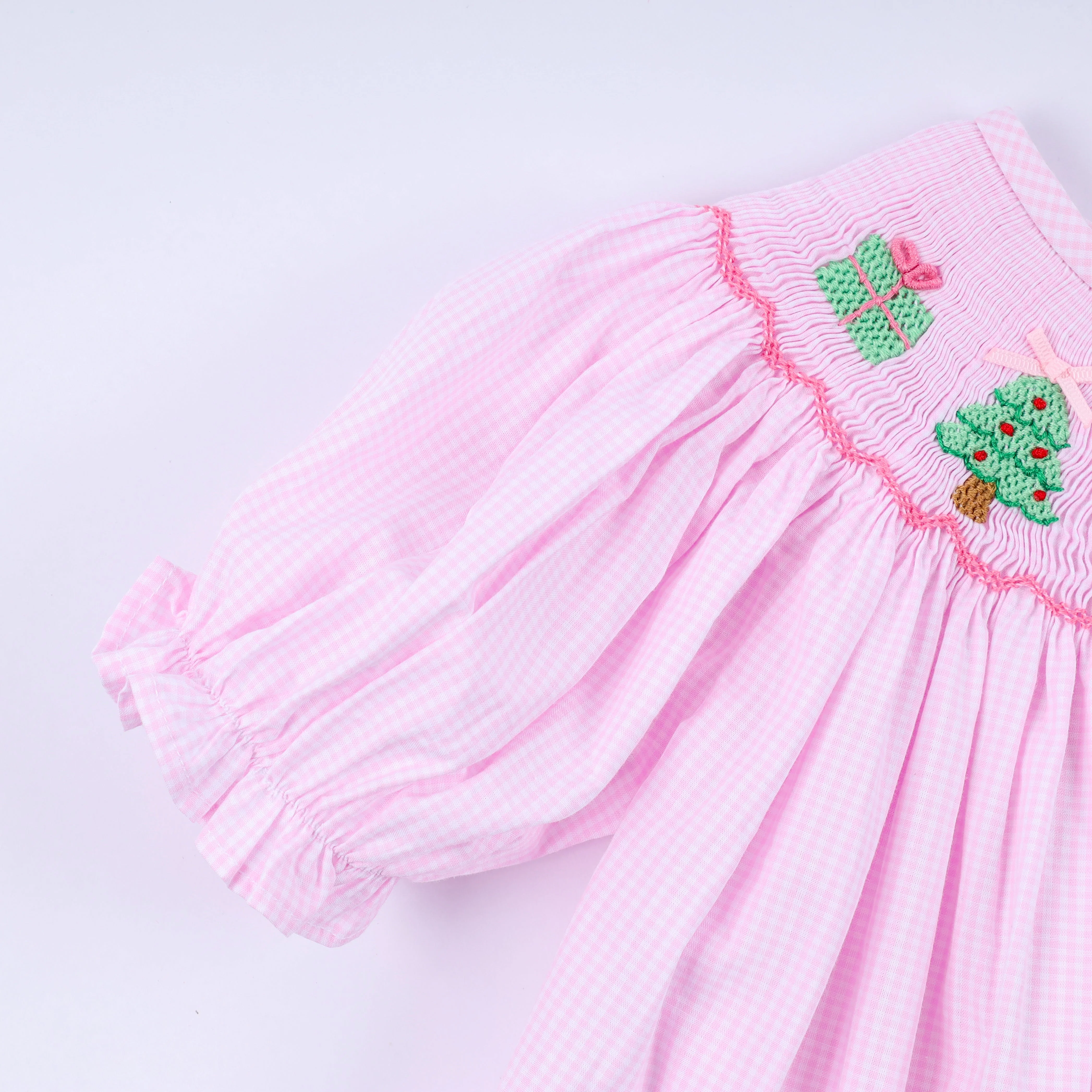 Pink christmas tree hand smocked ruffle pants set - Image 4