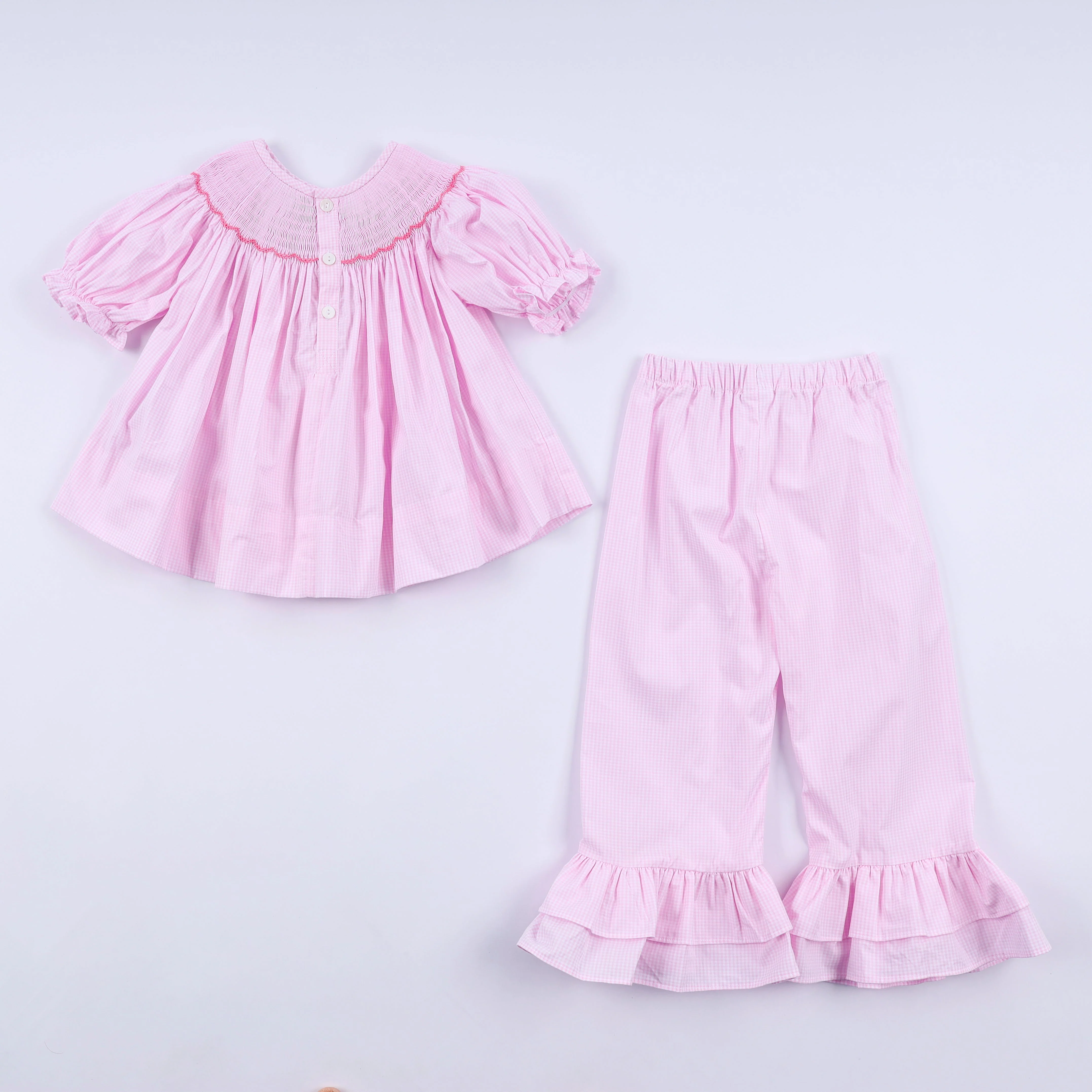 Pink christmas tree hand smocked ruffle pants set - Image 7