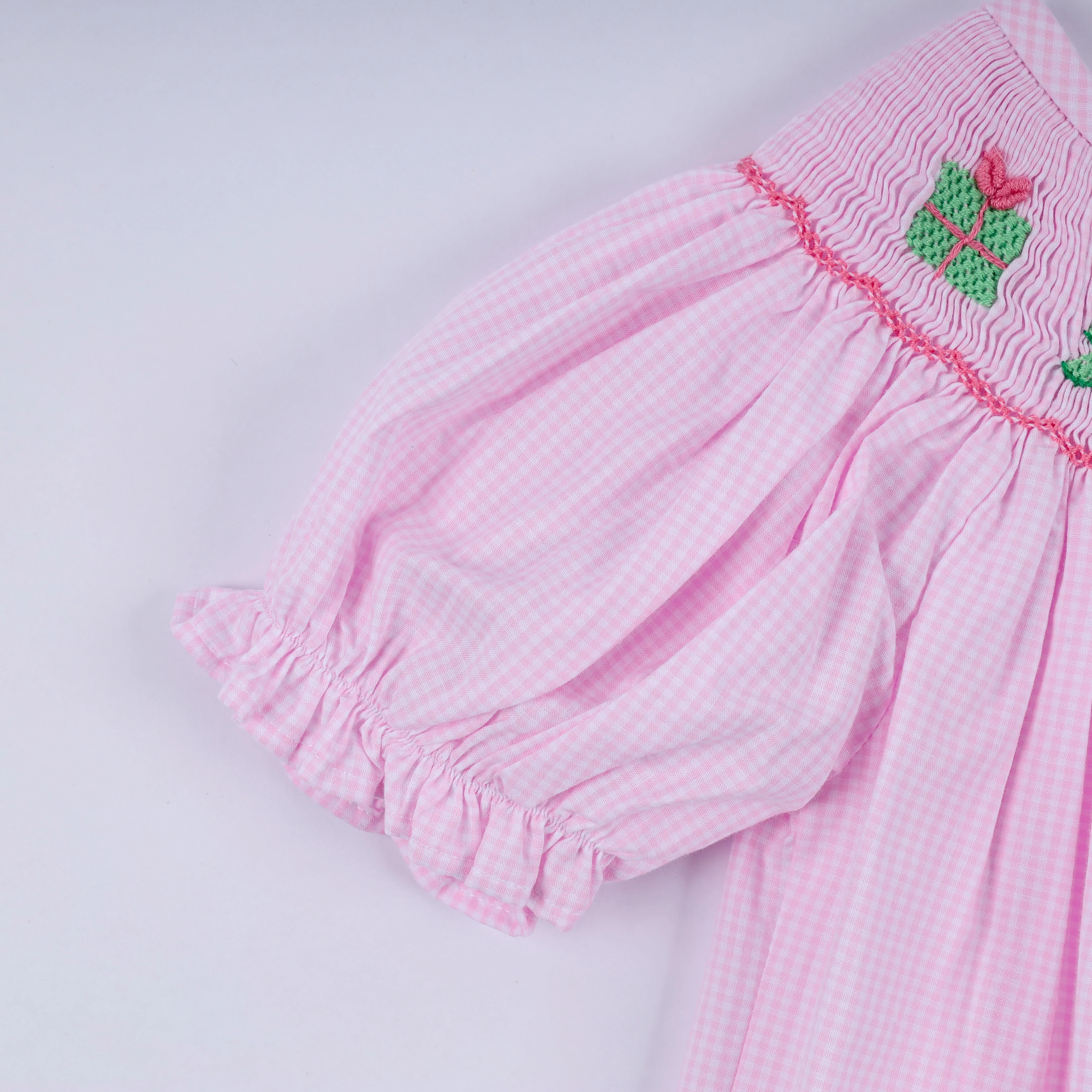 Pink christmas tree hand smocked ruffle romper - Image 5