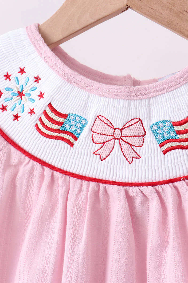 Pink fireworks flag smocked jacquard scalloped ruffle shorts set - Image 2