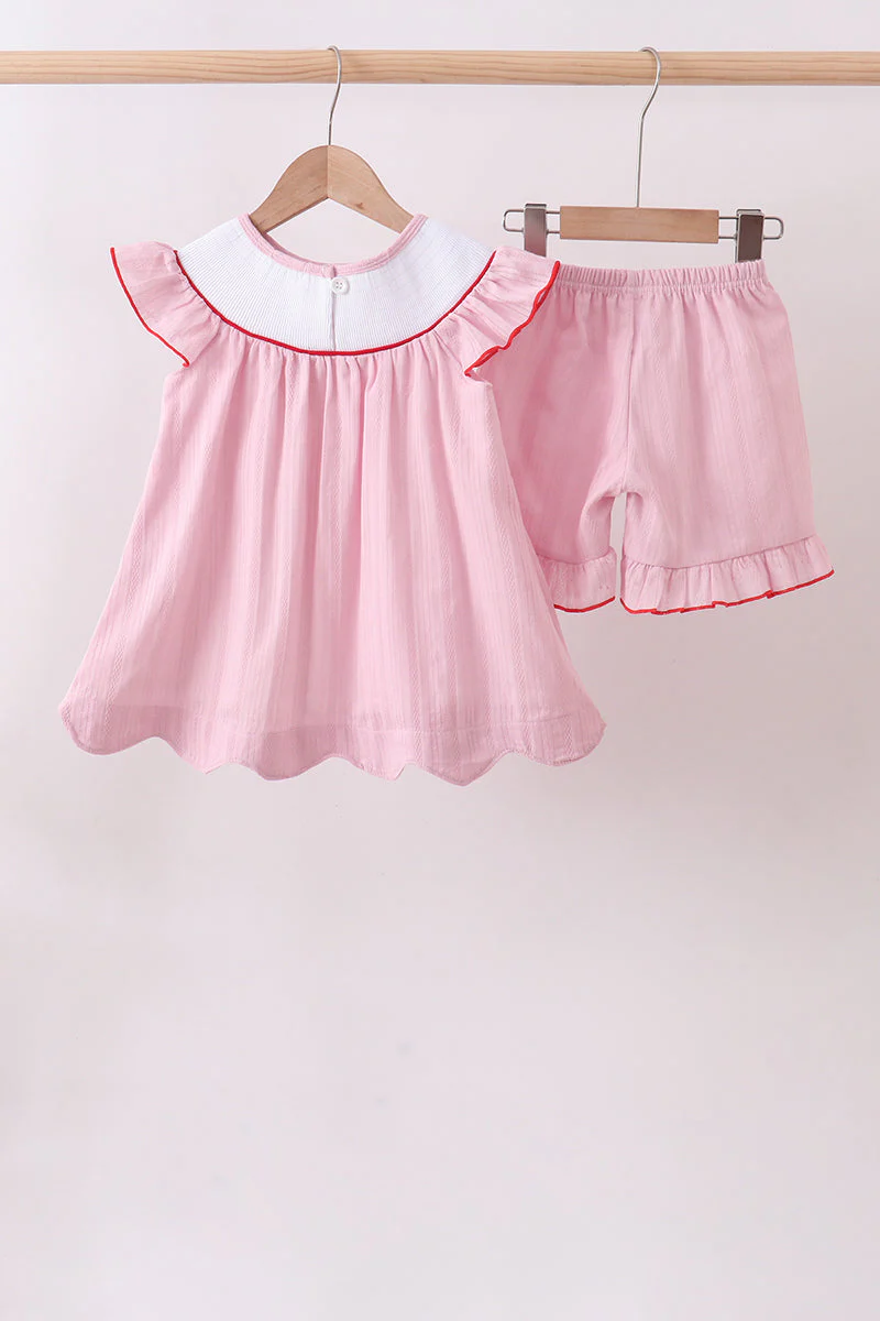 Pink fireworks flag smocked jacquard scalloped ruffle shorts set - Image 5