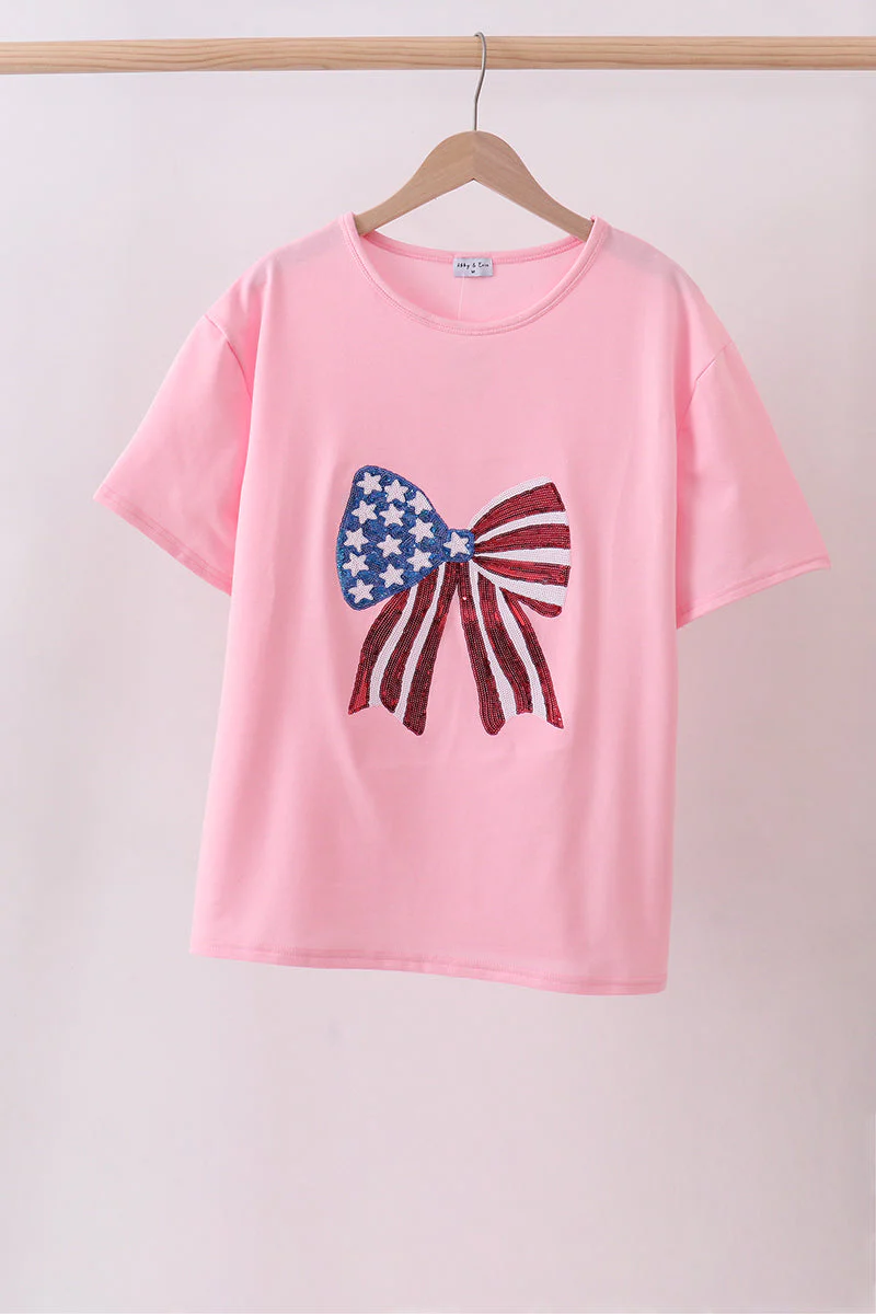 Pink flag bow sequin mom&me top - Image 3