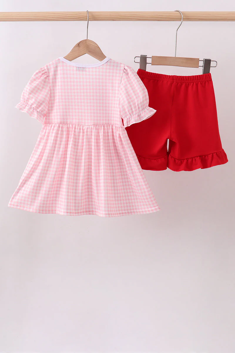 Pink flag embroidery gingham ruffle shorts set - Image 6